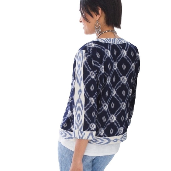 Chico’s Women’s Ikat Print Cotton Open Blazer Navy White Lightweight Size 1 M - Picture 2 of 8